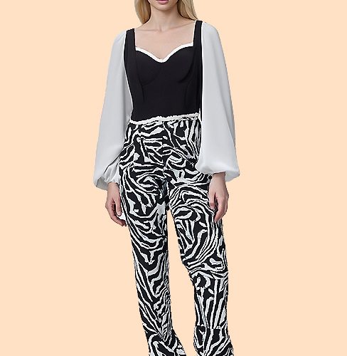 Spring and summer new printed solid color waist slimming and slightly flared loose pants