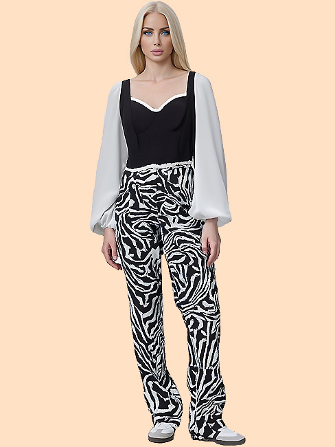 Spring and summer new printed solid color waist slimming and slightly flared loose pants