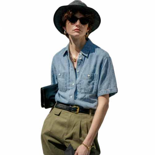 Retro V-neck short sleeved Tencel denim shirt