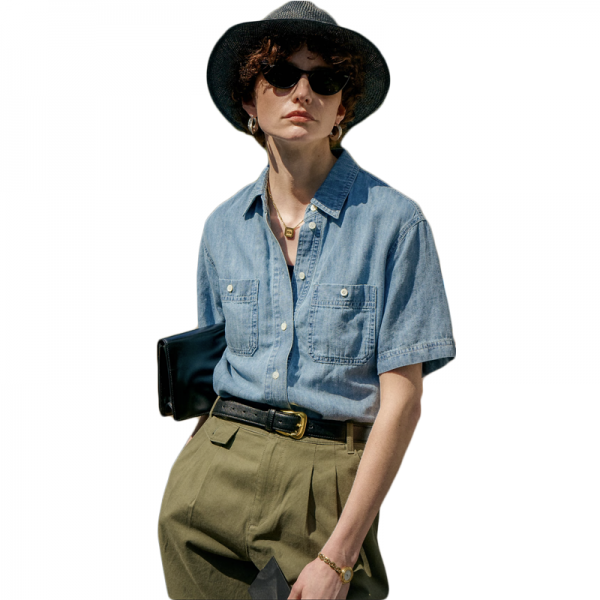 Retro V-neck short sleeved Tencel denim shirt