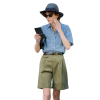 Retro V-neck short sleeved Tencel denim shirt