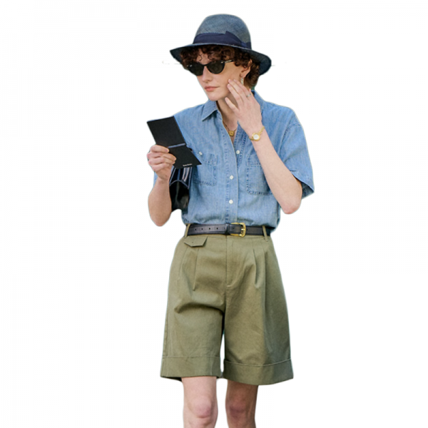 Retro V-neck short sleeved Tencel denim shirt