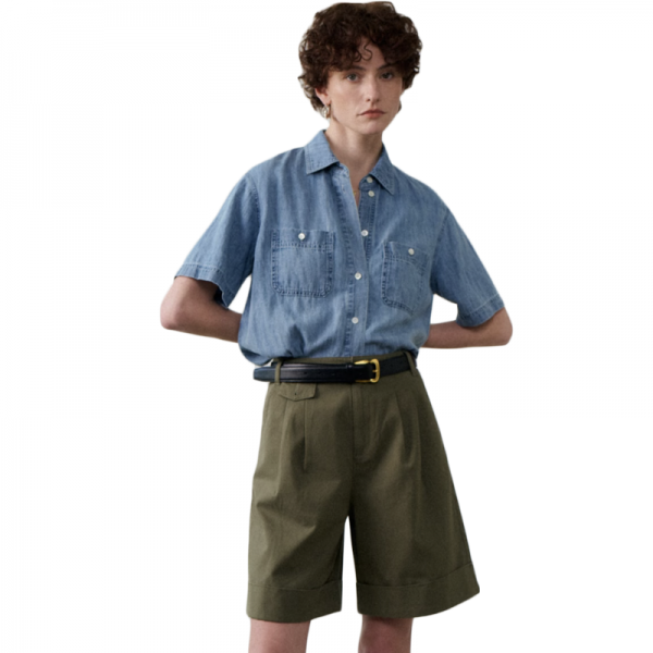 Retro V-neck short sleeved Tencel denim shirt