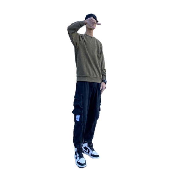 Dirty distressed washed men's round neck embroidered hoodie