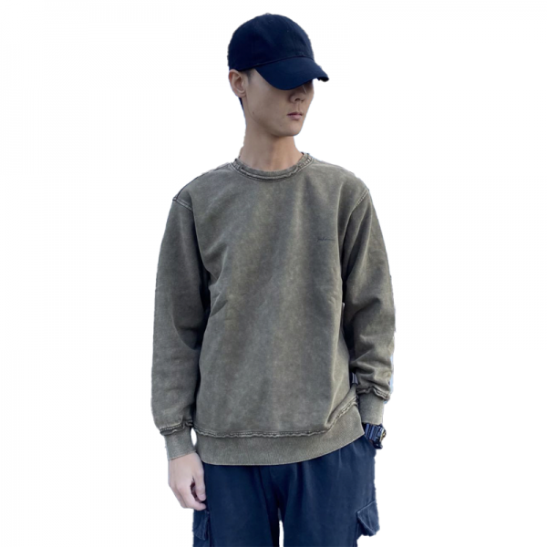 Dirty distressed washed men's round neck embroidered hoodie