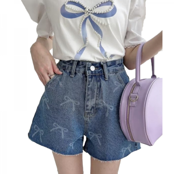 English letter printed denim shorts