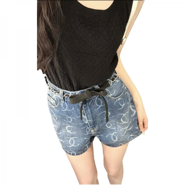 English letter printed denim shorts in dark blue